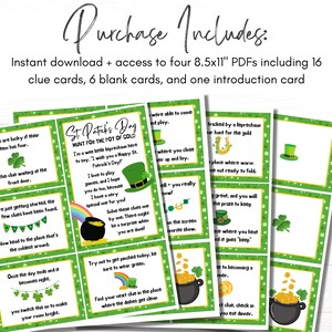 May include: A set of 16 printable St. Patrick's Day clue cards for a scavenger hunt. The cards feature green shamrocks, gold coins, rainbows, and leprechauns. The cards are designed to be printed on 8.5x11 inch paper.