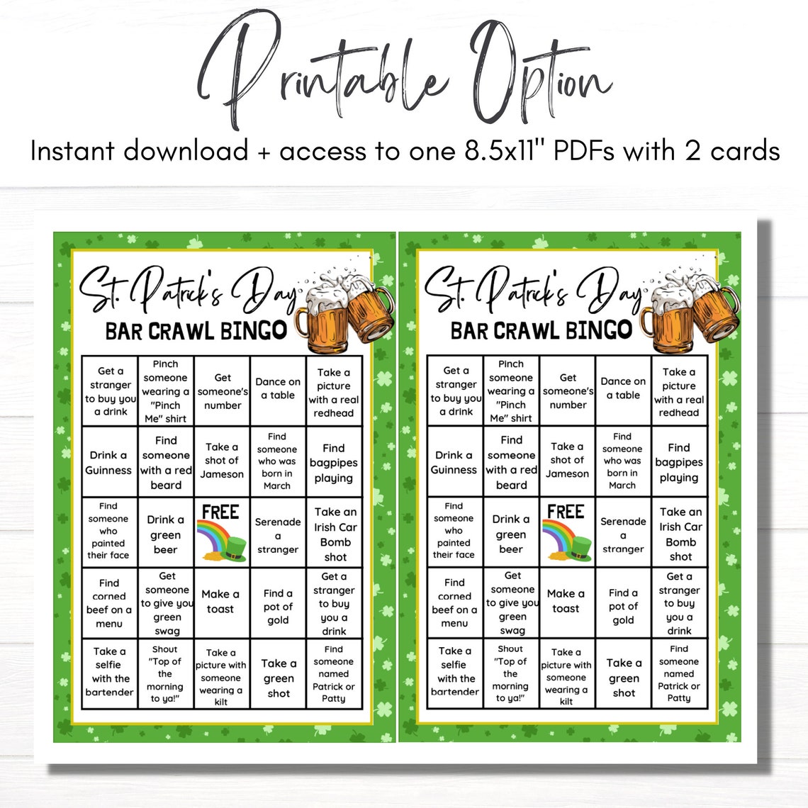 St. Patrick's Day Bar Bingo, Printable Digital Bingo, Fun Bar Crawl