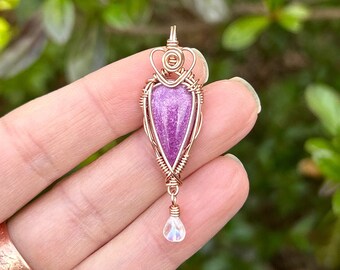 Purple Stitchtite Heart Mini Wire Wrapped Pendant in Rose Gold on a Beaded Sterling Silver & Rose Gold Curb Chain