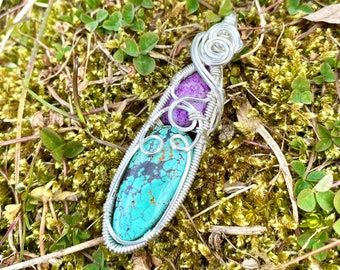 Sugilite & Turquoise Wire Wrapped Pendant in Sterling Silver