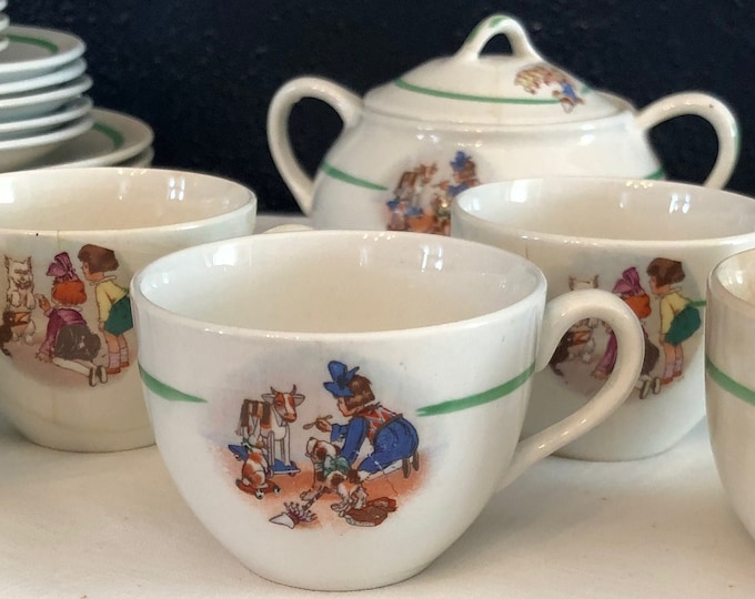vintage Child's Crown Pottery Tea Party Set with green band c1930s