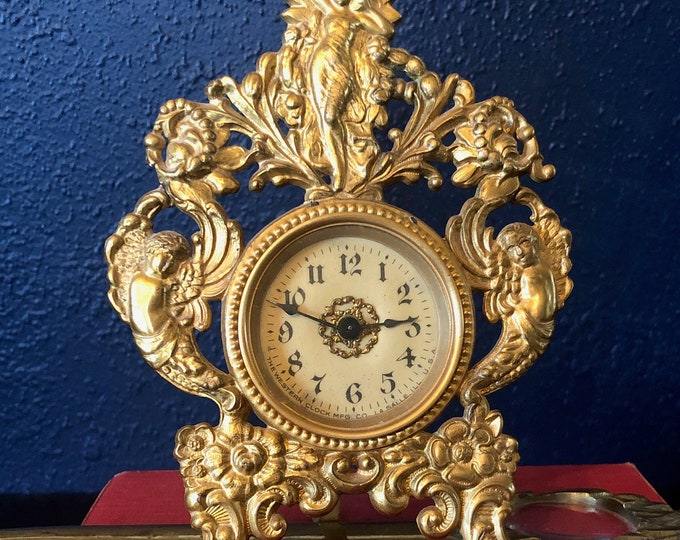 vintage The Western Clock MFG CO. Illinois Pat'd Oct 22, 1902 gold figural bedside clock
