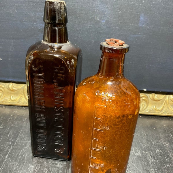 vintage Dr. J. Hostetter's Stomach Bitters and Owens-Illinois Prescription Bottle Amber and Dark Brown Bottles