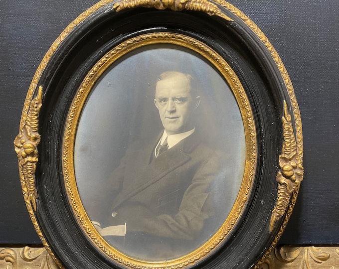 vintage Distinguished Gentleman Photograph in Ornate Embossed Black and gold Oval Frame