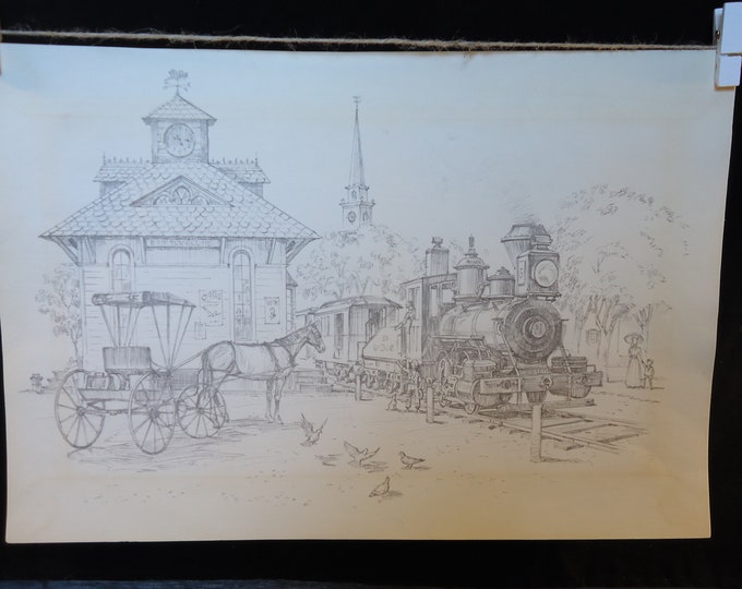 vintage print Train Station line/pencil drawing style old town railroad stop