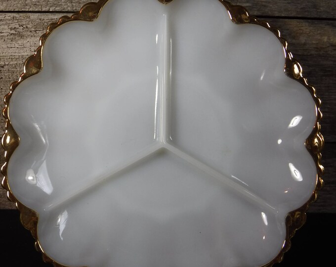 vintage milk glass white with gold trim divided plate relish tray snack tray
