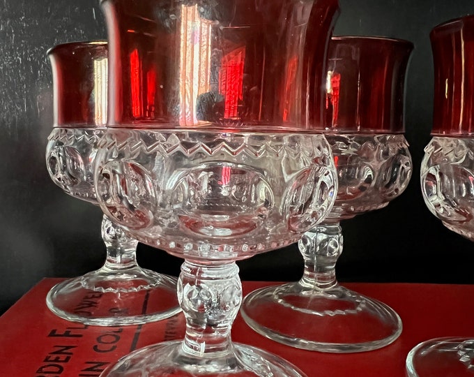vintage Indiana Glass ThumbPrint pattern Kings Crown Ruby Red aperitif wine glasses set of 6