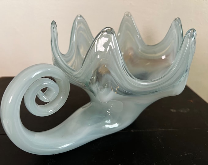 vintage Art Glass Cornucopia bowl light blue with white swirls