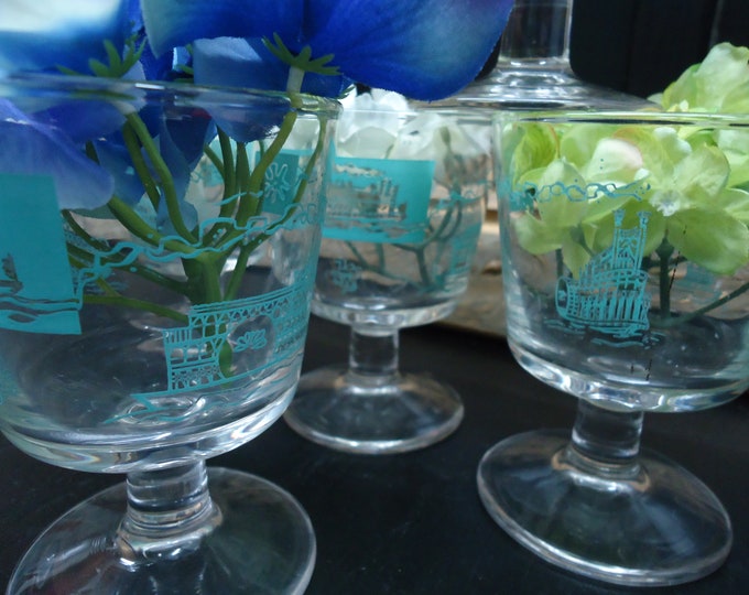 vintage Toasting Glasses Riverboat themed set of 6 blue with gold accents