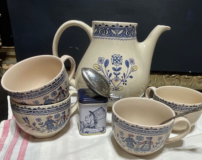 vintage Staffordshire Old Granite Ironstone Made in England Hearts and Flowers pattern Coffee Pot and cups