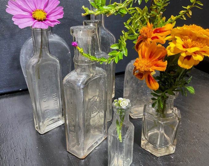 antique Glass Bottles various sizes group of 8 perfect for flowers!