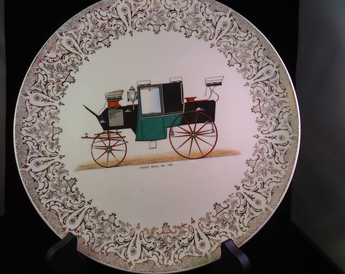 vintage decorative plate antique carriage Coupe Muel 120 from French engraving with gold scroll edge