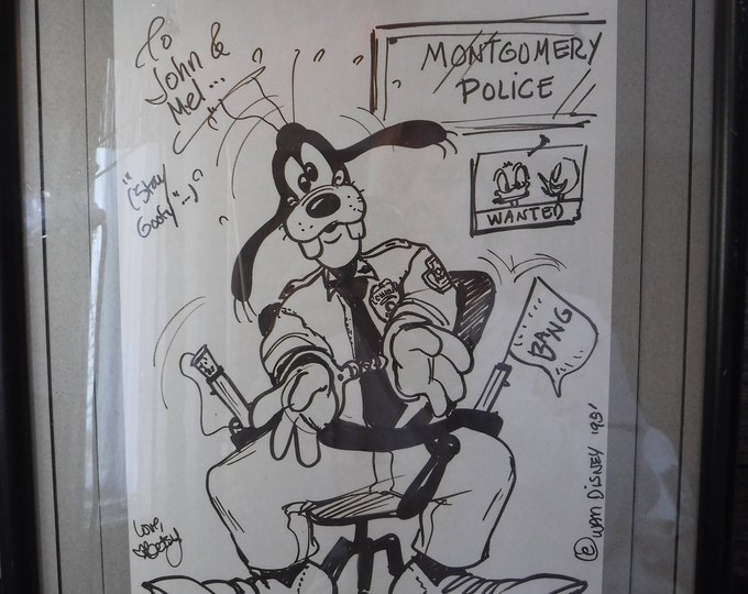 vintage hand drawn Goofy in police uniform Montgomery Police signed Love, Betsy
