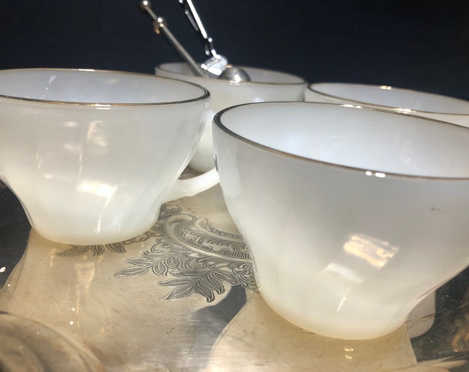vintage Fire King Tea Cups white and gold set of 5 Tea Party Ready