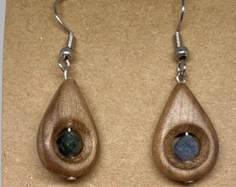 Sapphire And Walnut Earrings. September Birthstone Jewelry.  Great Wood Anniversary Gift For Her