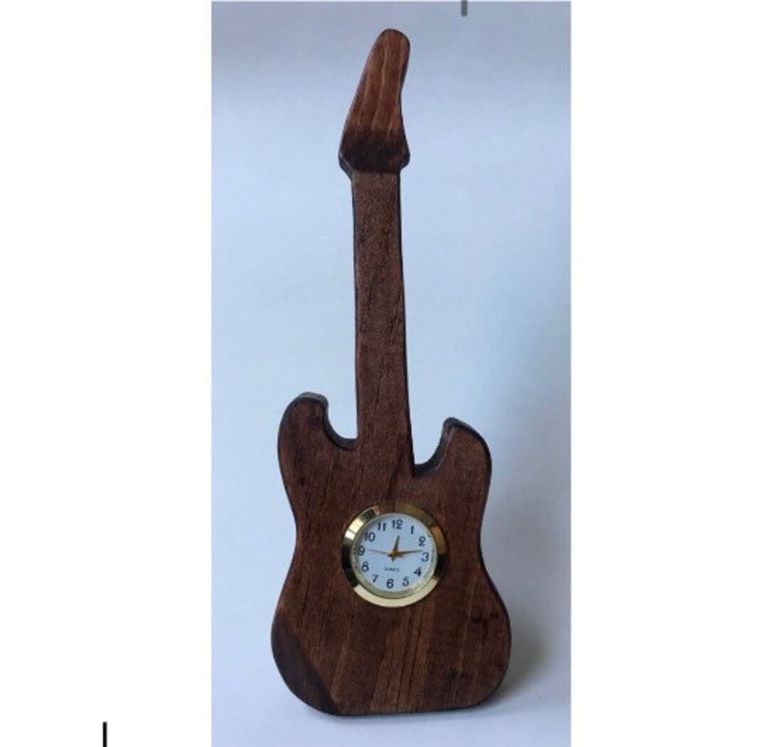 Electric Guitar Clock in Solid Pine With Dark Brown Stain. Great Gift