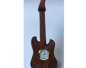 Electric Guitar Clock in Solid Pine with Dark Brown Stain.  Great Gift For A Guitarist, Guitar Teacher or Guitar Student.