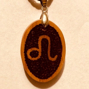 Handmade Leo Zodiac Sign Pendant Necklace in Cedar.  Oval Shape.  Natural Wood. Free Engraving.  Great Personalized Gift.