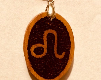 Handmade Leo Zodiac Sign Pendant Necklace in Cedar.  Oval Shape.  Natural Wood. Free Engraving.  Great Personalized Gift.