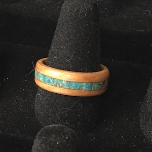 Wood Ring, Turquoise Inlay, Personalized gift, Bentwood Ring, Wood Anniversary Gift, Free Engraving, Wood Wedding Band, Choice Of Woods.