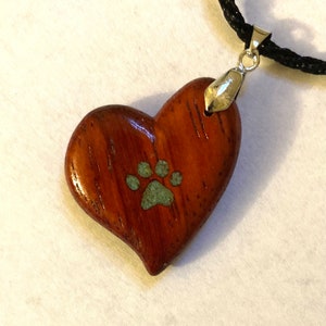 Personalized Paw Print Necklace in Wood and Turquoise, Choose From A List Of Gorgeous Woods, Turquoise Pawprint Inlay, Paw Print Gift.