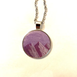Hand Painted Necklace, Mountain Pendant, Mountain Necklace, Handmade Jewelry, Purple Necklace, Great Handmade Gift For Her.