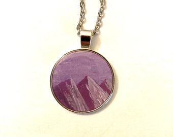 Hand Painted Necklace, Mountain Pendant, Mountain Necklace, Handmade Jewelry, Purple Necklace, Great Handmade Gift For Her.