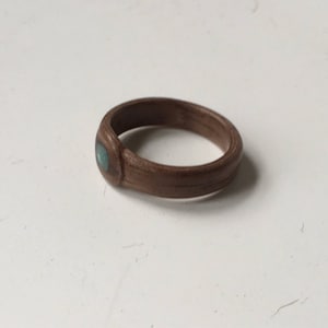 Bentwood Ring, Carved Wood Ring With Turquoise Stone Inlay, Free Engraving, 5th Year Wood Anniversary Gift, Great Personalized Gift.