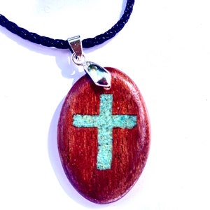 Cross Necklace, Personalized Gift, Wood Pendant With Turquoise Cross, Free Engraving, Cross Pendant, Choose From Several Gorgeous Woods.