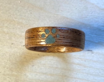 Personalized Wood Paw Print Ring with Turquoise Inlay - Pet Memorial Gift