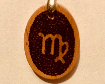 Handmade Virgo Zodiac Sign Pendant Necklace in Cedar.  Free Engraving.  Oval Shape.  Natural Wood.  Great Personalized Gift.