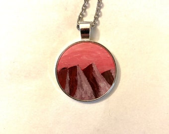 Hand Painted Necklace, Handmade Jewelry, Mountain Pendant, Mountain Necklace, Red Necklace, Handmade Gift For Her.