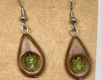 Peridot And Walnut Earrings. August Birthstone Jewelry.  Wood Anniversary Gift For Her.