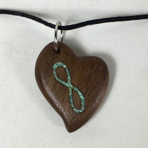 Personalized Heart Necklace, Handmade Wood Heart Pendant With Infinity Symbol, Infinite Love, Turquoise Inlay, Wood Anniversary Gift For Her