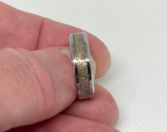 Opal Inlay Stainless Steel Ring –  October Birth Stone, Comfort Fit Wedding Band