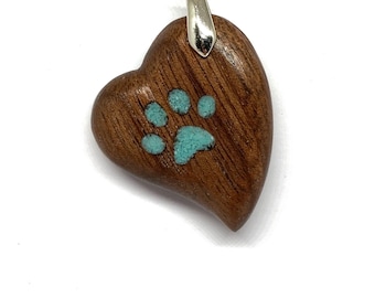 Personalized Paw Print Necklace : Valentines Gift, Wood with Turquoise Inlay, Engraved Pet Memorial