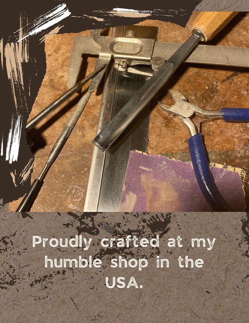 May include: Close-up of various metal tools, including a caliper, files, and a chisel with a wooden handle. The tools are arranged on a textured surface. Text reads: "Proudly crafted at my humble shop in the USA."