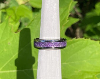 Amethyst Inlay Stainless Steel Ring –  February Birth Stone, Comfort Fit Wedding Band