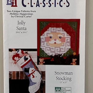 May include: A book cover for two holiday quilt patterns, "Jolly Santa" and "Snowman Stocking", from That Patchwork Place. The cover features a colorful illustration of a Santa Claus face and a snowman stocking.