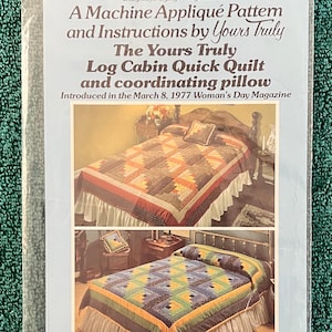 May include: A machine appliqué pattern and instructions for a Log Cabin Quick Quilt and coordinating pillow. The pattern, by Yours Truly, was introduced in the March 8, 1977 Woman's Day Magazine. The package includes patterns and instructions for four standard sizes.