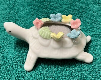 Porcelain Turtle Pin Cushion with Flowers