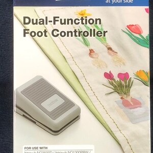 May include: A gray foot pedal with the word "brother" printed on it. The foot pedal is for use with Brother sewing machines, including the Innov-is NQ3500D, NQ1300PRW, NQ900PRW, NQ700PRW, NQ550PRW, and NS2750D models.