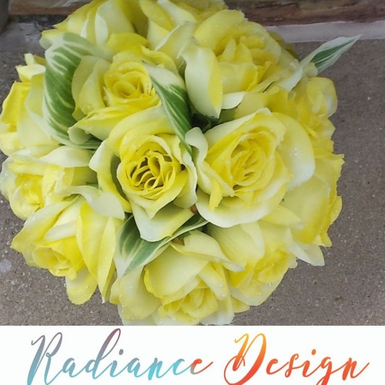 Tide: 7 1/2 in Yellow roses designed in a green leaf rock glass vase.Silk Flowers image 2