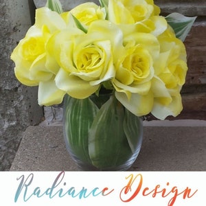 Tide: 7 1/2 in Yellow roses designed in a green leaf rock glass vase.Silk Flowers image 1