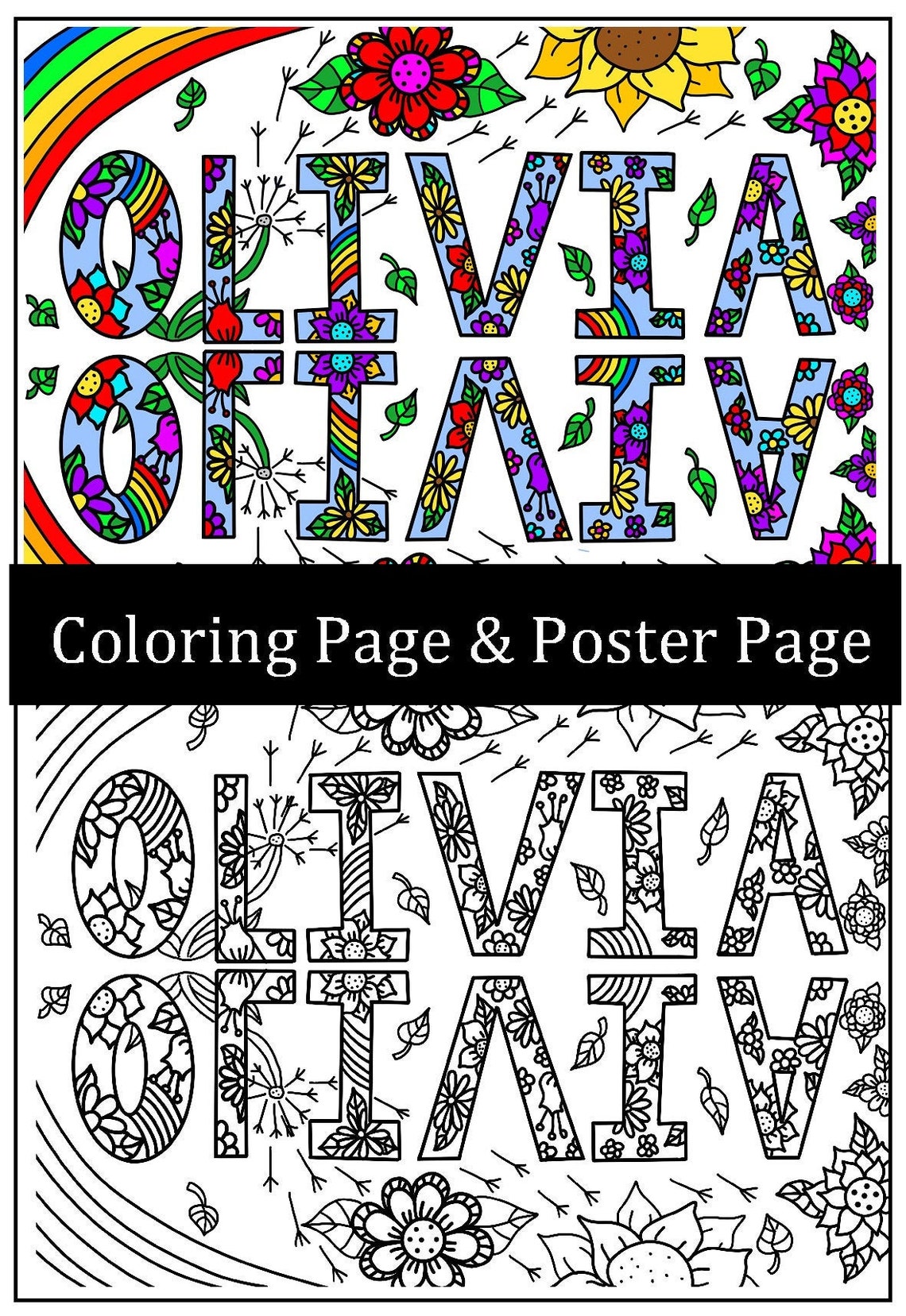 Olivia Girl's Name Coloring Page Wild Flowers Folk Art | Etsy