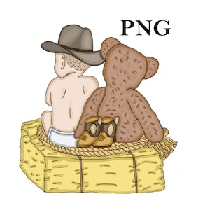 Lil&#39; Cowboy and Teddy Bear sitting on a Hay Bale | PNG file for instant download