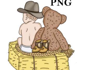 Lil' Cowboy and Teddy Bear sitting on a Hay Bale | PNG file for instant download