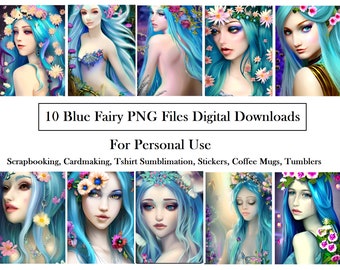 Blue Fairy Ethereal Beautiful Women with Blue Hair Mystical PNG Files for Digital Download for Personal Use