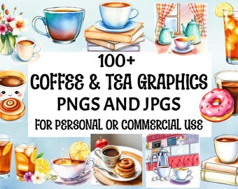 100+ Watercolor Coffee and Tea Clipart Digital Downloads for Personal or Commercial Use