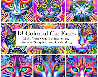 18 Colorful Cat Faces PNG Files Digital Download for Personal Use Sublimation